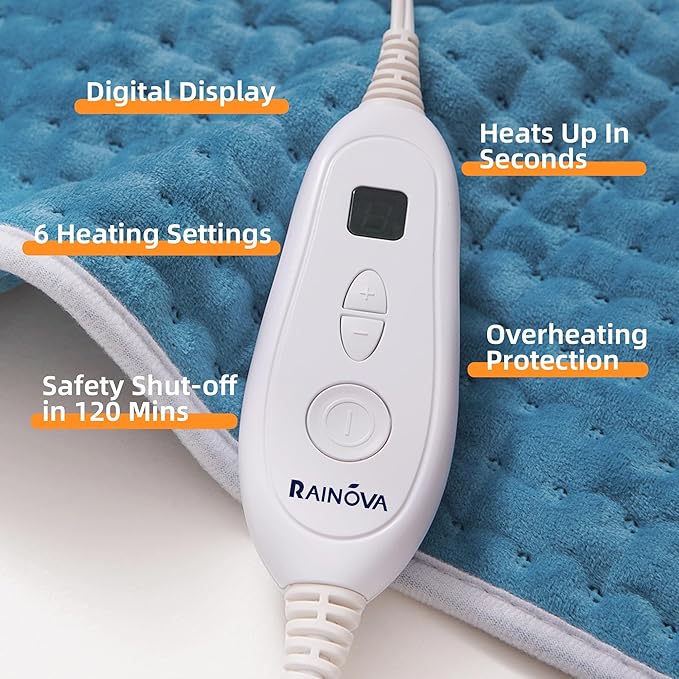 RAINOVA Heating Pad for Back/Shoulder/Feet/Pets, 12''x24'' Electric Pad with Auto Shut Off, Heated Pad for Cramps Relief, Heat Pad 6 Heat Settings, Christmas Gifts for Women, Men, Mom, Dad(Blue)