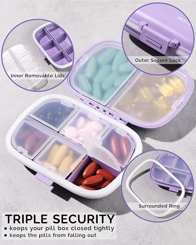 MEACOLIA 3 Pack 8 Compartments Travel Pill Organizer, Daily Pill Case Small Pill Box for Pocket Purse, Portable Pill Container Medicine Vitamin Organizer (Purple, Green, Pink)