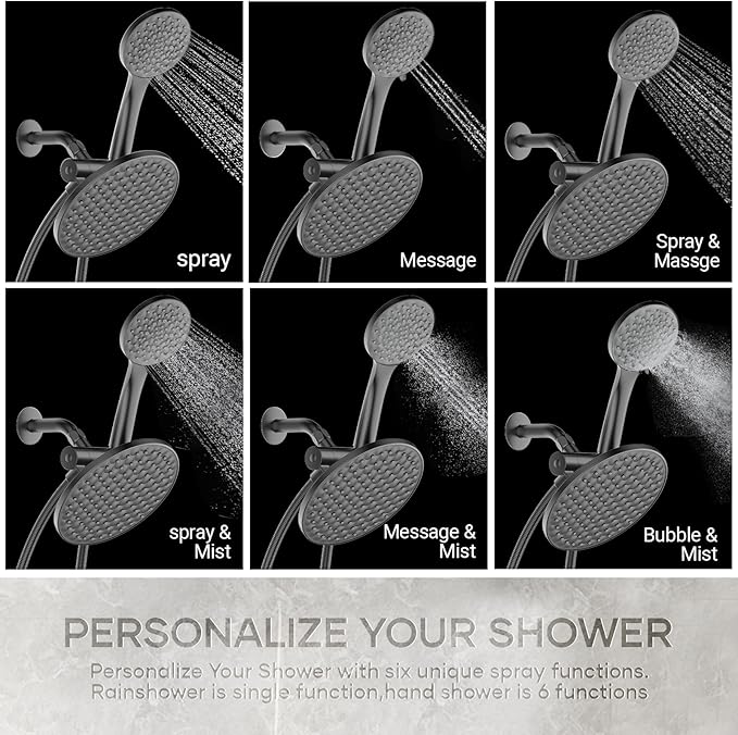 dual shower head with handheld combo,8.6 inch Rainfall showerhead,6 settings hand held shower heads with hose (Matte Black)