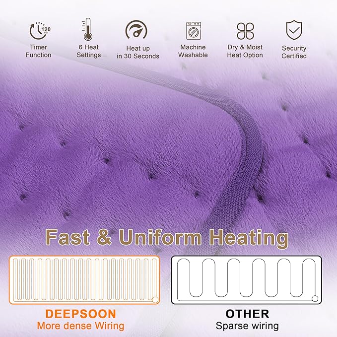 Deepsoon Heating Pad,Electric Heating Pads for Back,Neck,Moist Heating Pad for Abdomen Shoulder Knee Legs,Dry/Moist Heat&Auto Shut Off,Mother's Day Birthday for Men and Women,Dark Purple,24x20 Inch