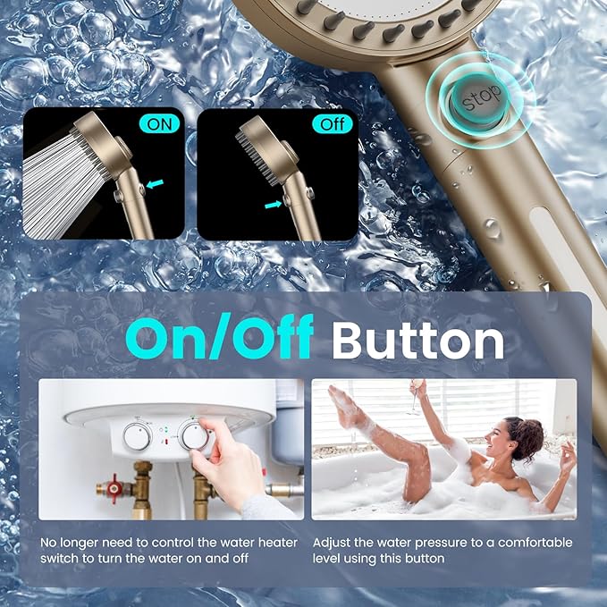 PWERAN Filtered Shower Head with Handheld, High Pressure 4 Spray Mode Showerhead with Filters, Water Softener Beads for Hard Water with ON/OFF Switch for Pets - Remove Chlorine (Golden, 5 Inch Panel)