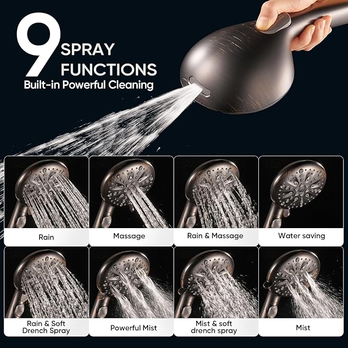 Cobbe High Pressure Shower Head with Built-in Pause Button, 9-Function Detachable Showerhead with Handheld Brass Swivel Bracket & Stainless Steel Hose, Water Saving 1-Click Stop, Oil Rubbed Bronze