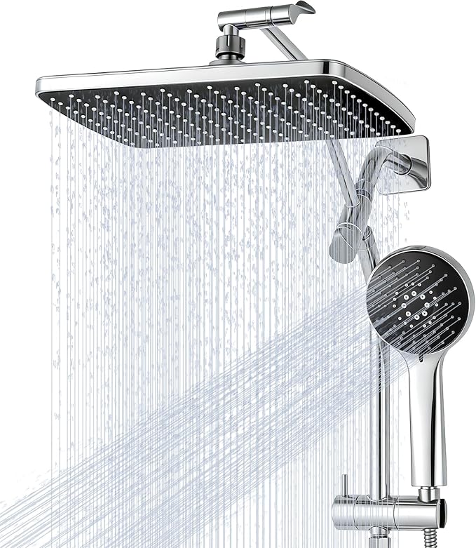 11.8" Rain Shower Head with Handheld, High Pressure Handheld Shower with Multi Spray Modes, Rainfall Combo with Metal Extension Arm, Detachable Dual Showerhead, Bathroom Decor, Chrome Silver