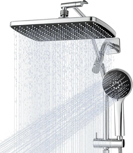 11.8" Rain Shower Head with Handheld, High Pressure Handheld Shower with Multi Spray Modes, Rainfall Combo with Metal Extension Arm, Detachable Dual Showerhead, Bathroom Decor, Chrome Silver