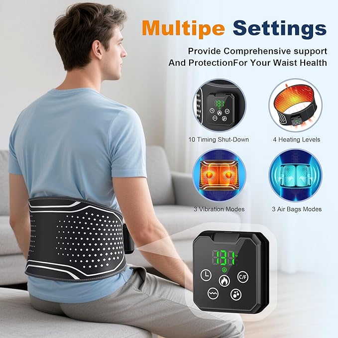 Lower Back Massager with Heat, Cordless Back Heating Pad with 4 Heat Levels 3 Vibration Modes & Air Compression Pain Relief Gifts for Women, Men, Mom & Dad