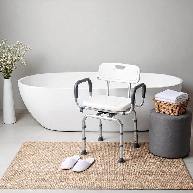 Vie Triomphe 360° Swivel Shower Chair with Arms and Back, Height Adjustable Bath Seat for Inside Shower or Tub, Shower Chair for Seniors, Elderly & Disabled, Safer Entry and Exit