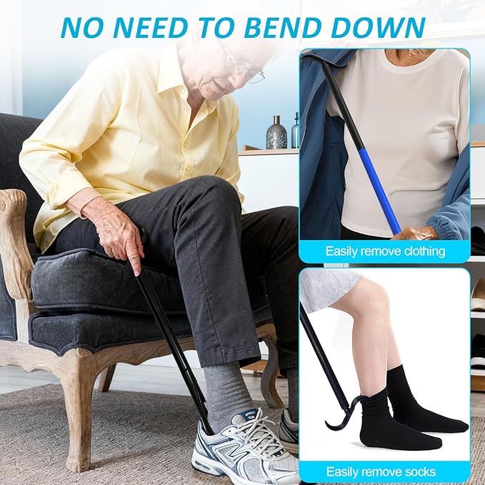 MXCOIRTP Assistive Device No Bending Kit for Elderly -Sock Aids, Foldable Reacher Grabber with 360° Rotating Jaw & Magnet, Long Shoe Horn Handle & Dressing Stick & Back Scratcher for Seniors, Disabled
