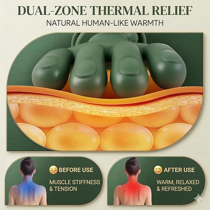 Bionic Neck and Shoulder Massager, N7 Real Hand Massagers with Fingers Heated for Back Muscle Pain Relief, Portable & Lightweight Design, Touch Gift (Eucalyptus Green)