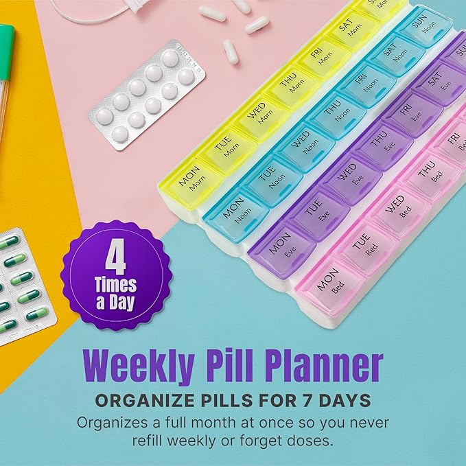 Weekly Pill Organizer - 4-Times-a-Day Pill Planner Pill Box Separates Pills & Vitamins with Daily Morning, Noon, Evening & Night Compartments, Travel Medication Reminder Monday to Sunday