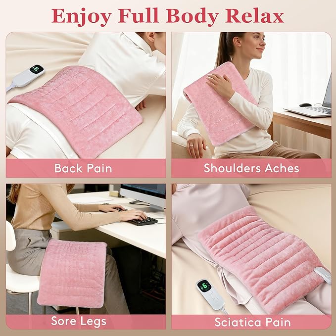 UTK XL Heating Pad for Back, Electric Heat Pad for Period Cramps Pain Relief, Soft Thicken Flannel Fabric Machine Washable, Birthday Gifts for Women Mom, 6 Heat Settings & Auto-Off, 12" x 24"(Grey)