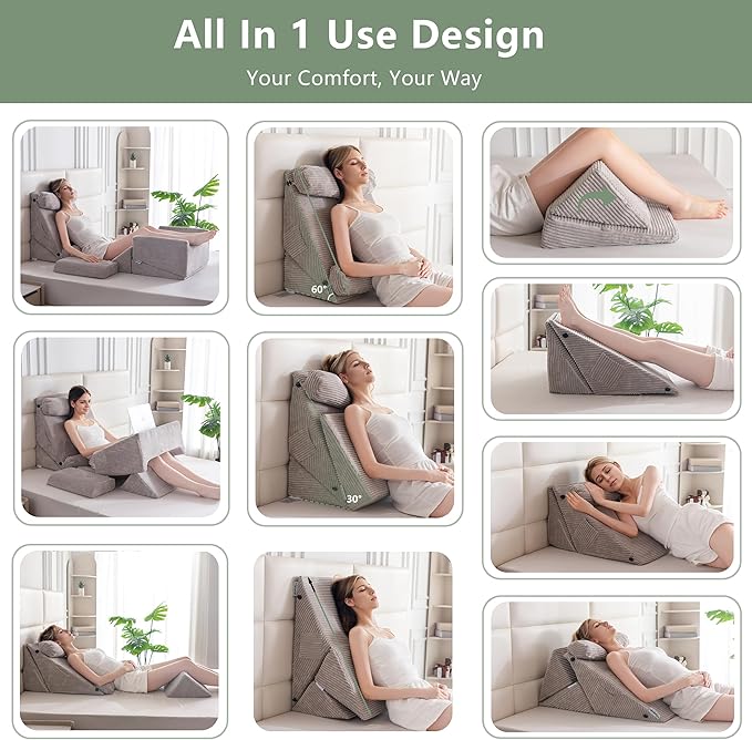 HIGOGOGO 10PCS Orthopedic Bed Wedge Pillow Set – Adjustable Soft Foam Body Positioners for After Surgery Recovery, Back & Leg Pain Relief, Sitting Up in Bed, Acid Reflux & GERD, Grey