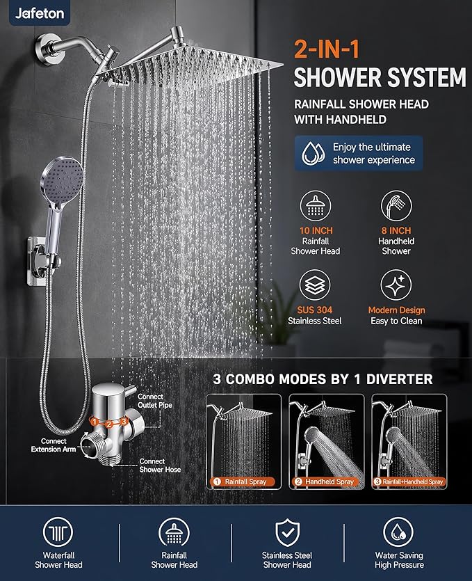 10 inch Rain Shower Head with Handheld Spray Stainless Steel, High Pressure Square Rainfall Showerhead Combo with 6 Handheld Sprayer, Detachable Shower Heads Waterfall Shower for Bathtub