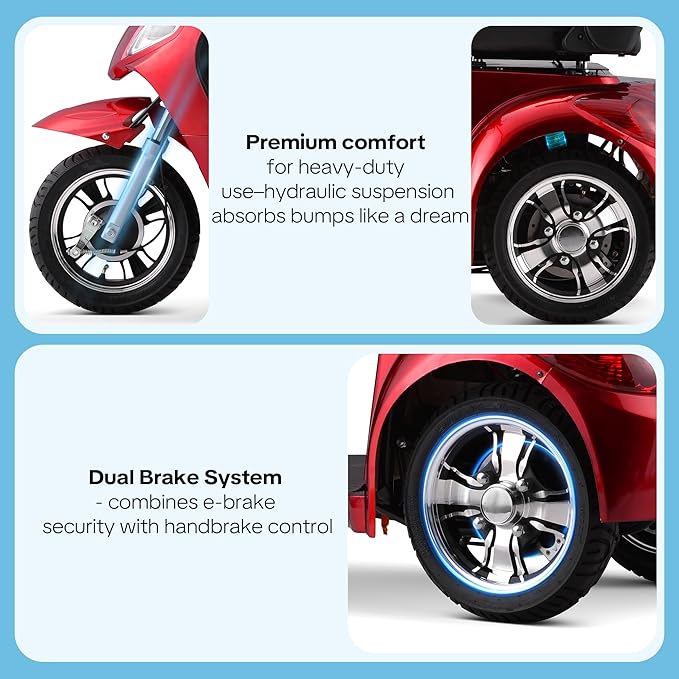 Super Large Electric 4 Wheel Mobility Scooters, Heavy Duty 800W Wheelchair Device, 25 Miles Long Range, All Terrain Mobility Scooter，Speed Adjust, Remote Key,Receive Ready to Ride (3 Wheel -red)