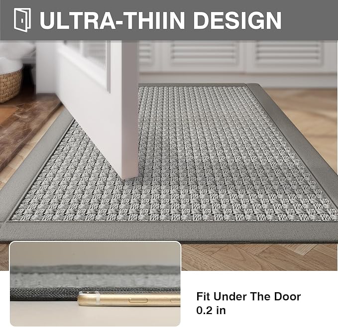 YDKGL Non Slip Ultra Thin Bathroom Rugs 20x32, Bath Mat Quick Dry Absorbent Bathroom Floor Mat Rubber Backed Fit Under Door, Woven Washable Bath Rugs, Grey