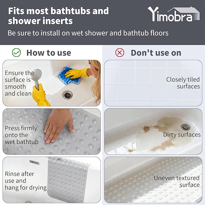 Yimobra Non Slip Bathtub Mat 40"x16", Super Strong Suction Cups, Extra Long Shower Mat with Drain Holes, Machine Washable Fast Draining Bathroom Floor Mat, Clear Grey