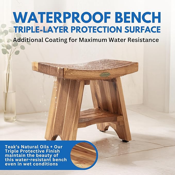 EcoDecors Serenity Teak Shower Bench,18 Inch, Natural Finish + Loveable 24 oz Teak Oil + Loveable 32 oz Teak Cleaner Spray Bottle