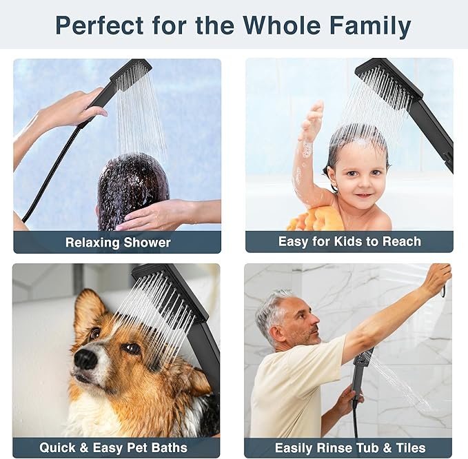 BRIGHT SHOWERS High Pressure Handheld Shower Head Set, High Flow Hand Held Showerhead with 60" Long Stainless Steel Hose and Adjustable Wall Bracket, 3 Spray Setting Shower Wand, Matte Black