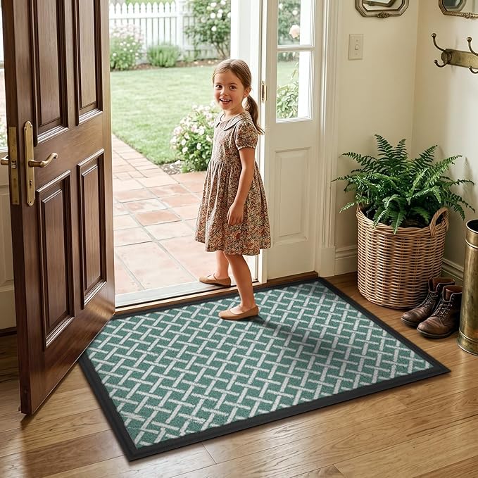 LUMI Front Door Mat 24x36, Low-Profile Non-Slip Welcome Mat for Indoor Outdoor, Stain & Fade Resistant Geometric Door Mat for Entryway Patio Porch, Grid-Teal