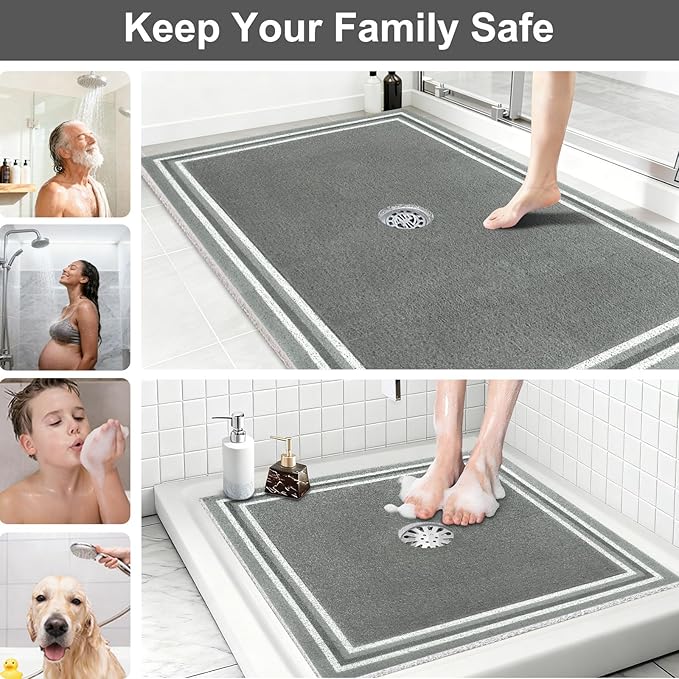 Square Shower Mat Non Slip: 24x24 Inch Extra Large Shower Mats for Inside Shower, Anti Slip Shower Floor Mat, Loofah Shower Stall Mats for Elderly, Non Slip Shower Mat with Drain Hole in Middle