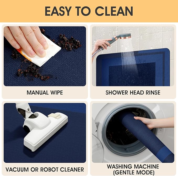 ACCUMTEK Non Slip Bath Mat, Thin Bathroom Rugs Fit Under Door, Quick Dry Bath Mats, Machine Washable Bath Rugs for Bathroom, Bathtub & Kitchen, Bathtub,Dark Blue/Bordered/3 Piece