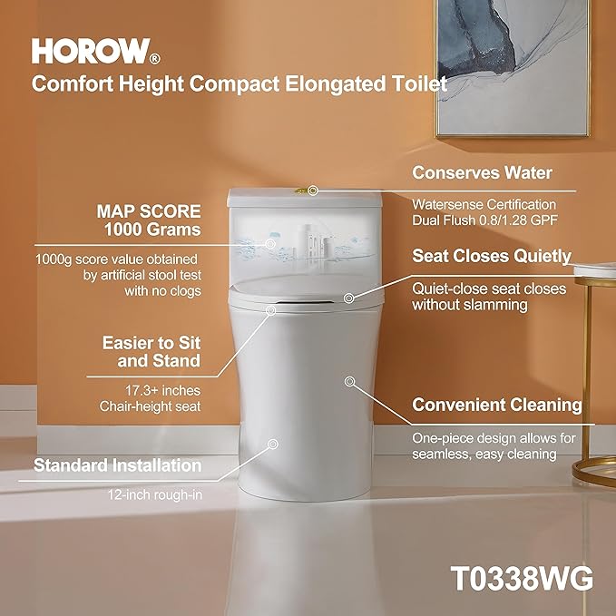 HOROW T0338WG One Piece Toilet with Gold Button, Elongated Toilet with Comfort Seat Height, ADA Chair Height 17.3", Dual Flush 0.8/1.28 GPF, Standard White Toilet Bowl, Gold Tank Button