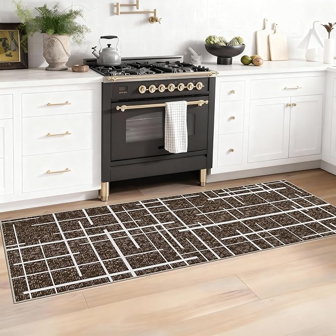 Washable Runner Rug 2x6, Brown Modern Distressed Stripe, Hallway Runner Rug Non Slip, Woven Thin No Shed Runners for Entryway, Kitchen, Laundry Room- Brown