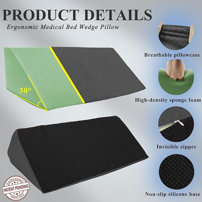 Bed Wedge Pillow for Side Sleeping Sponge Filled Body Positioning Triangle Pillow Suitable for Pregnancy and Surgery Prevent Bed Sore for Leg and Back Support with Pillow Case (Gray)