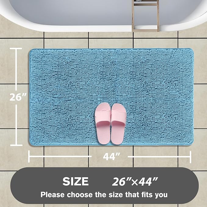 Sky Blue Bathroom Rugs – Absorbent and Washable Bath Mat, Non-Slip, Thick Soft Chenille Bath Rugs for Bathroom Floor, Shower, Sink - 26" x 44"