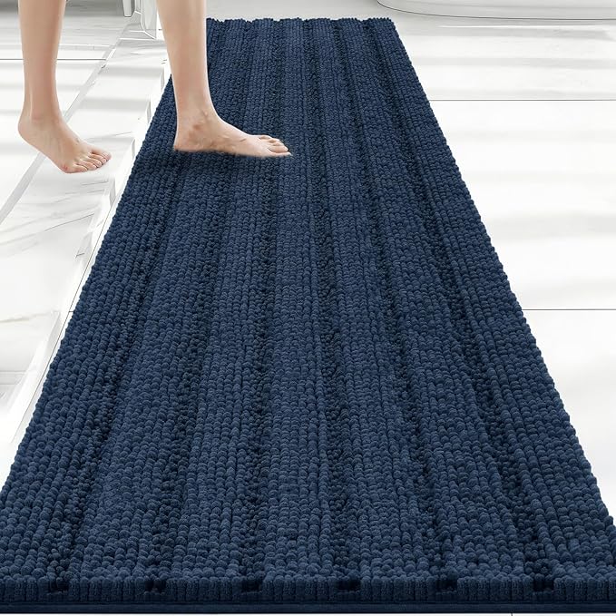 Bcoimo Long Bathroom Rug, Chenille Bath Runner with High Low Pile Design, Soft Absorbent Non Slip Bath Mat, Machine Washable Quick Dry Rug for Shower, Tub, Sink and Vanity