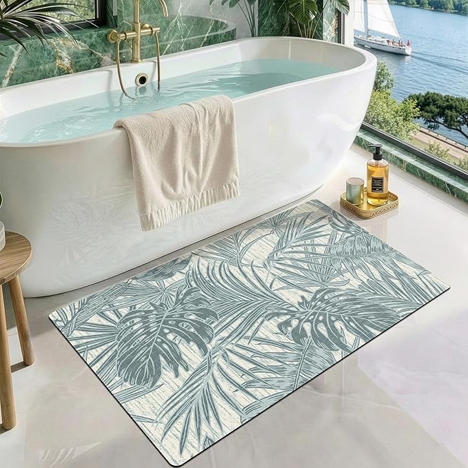 LUMI Ultra Thin Bath Mat, Super Absorbent Quick Dry Bathroom Rugs, Non-Slip Bathroom Mats, Marble Bathmats Fit Under Door, Bathtub, Sink, Shower Room, 24"x44", Teal Blue Leaf