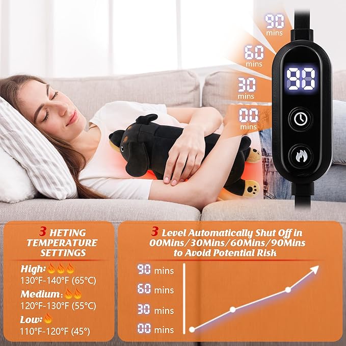 Electric Heating Pad for Period Cramps, 14'' Black Dachshund Dog Plush with a Hot Soft Belly USB Powered, Menstrual Heating Pad Neck Shoulder Pain Relief, Gift for Daughter Wife Period Heating Pad