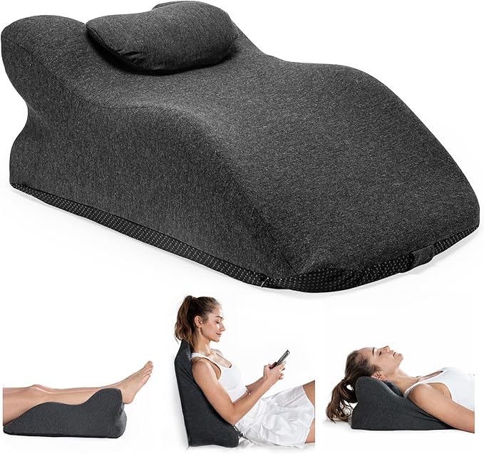 Contoured Memory Foam Pillow with Removable Headrest, Wedge Pillows, Massages, Reading, Relaxing & Leg Elevation, Removable Washable Cover, Anti-Slip Base