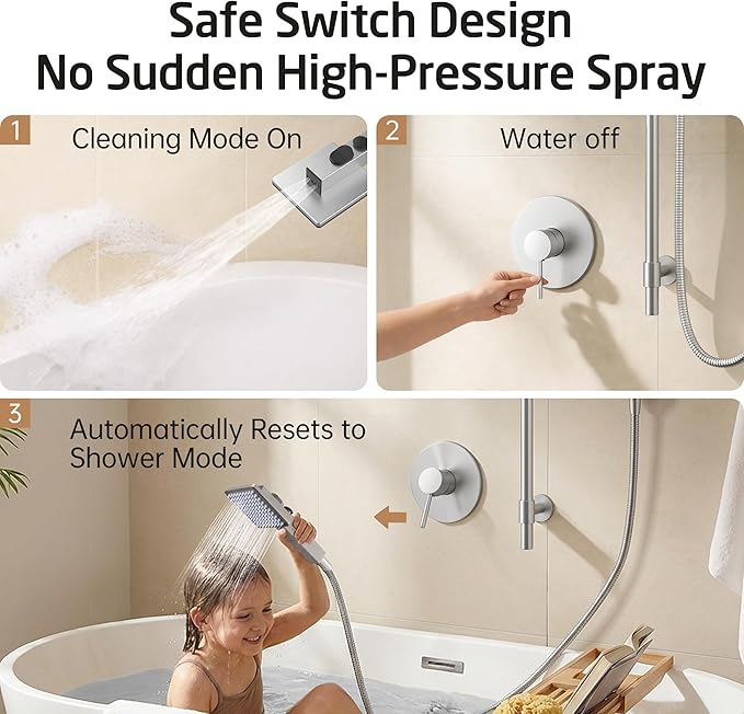 KES 30-Inch All-Metal Shower Slide Bar with Handheld Shower Head, Built-In Power Wash & Patented Auto-Reset, Adjustable Brackets Cover Hole, 18/8 Stainless Steel Slide Bar Shower System, Brushed Steel
