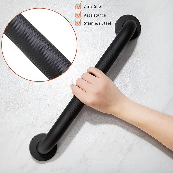 Shower Grab Bar, 2 Pack 16 Inch Black Bathroom Grab Bar, 1.25" Diameter 304 Stainless Steel Anti-Slip Grab Bars for Bathtubs and Showers, Handicap Shower Grab Bar for Seniors Elderly