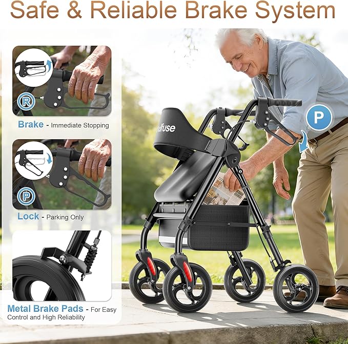 SOUNDFUSE Walkers for Seniors, Rollator Walker with Seat, 8" All Terrain Wheels, Double Support Bar, 16" Ergonomic Arc Seat and Comfortable Backrest, Dual Height Adjustable and Foldable Design