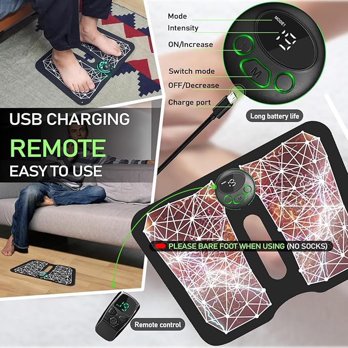 EMS Foot Massager Mat Acupressure for Neuropathy with Remote Control Legs Foot Stimulator Massager Machine Electric Pulse Pad for Muscle Relaxation Pain Relief 8 Modes 19 Levels Intensity