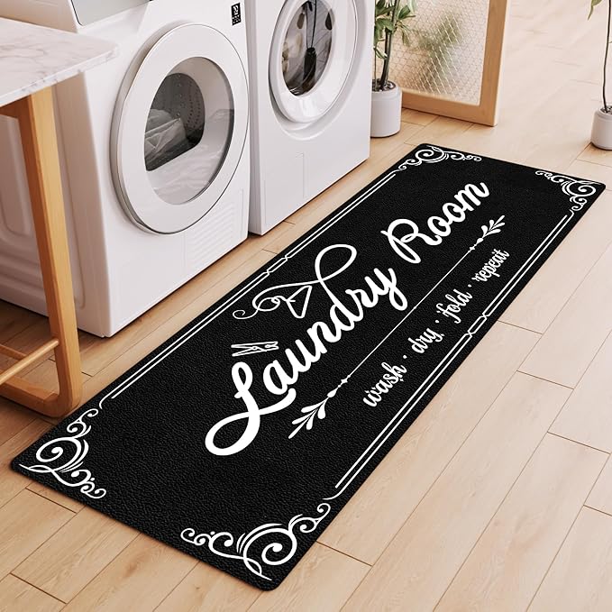 XLHOMO Laundry Room Rug Runner, 17"x60" Non Slip Black Nappa Leather Laundry Rugs, Farmhouse Washable Floor Laundry Mats for Laundry Room, Kitchen, Washroom, Bathroom, Mudroom, Hallway Entryway Decor