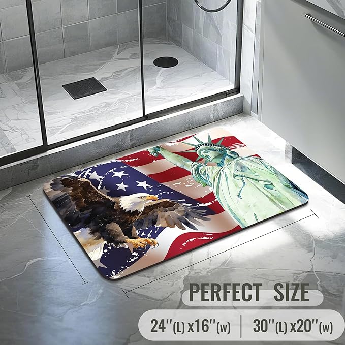 Quick Dry Bath Mat for Bathroom,Super Absorbent Patriotic 4th of July Welcome Bath Rug Non-Slip Rubber,Machine Washable Bathroom Floor Mat for Shower, Tub, Sink Area Independence Day Eagle 16x24