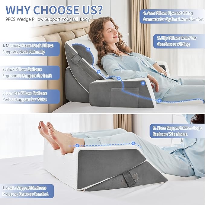 Yojoker 9PCS Orthopedic Bed Wedge Pillow Set for Sleeping, Back and Leg Pain Relief, Post Surgery Foam Pillow for Body, Triangle Adjustable Support Pillow - Acid Reflux Sleeping Pillows Grey