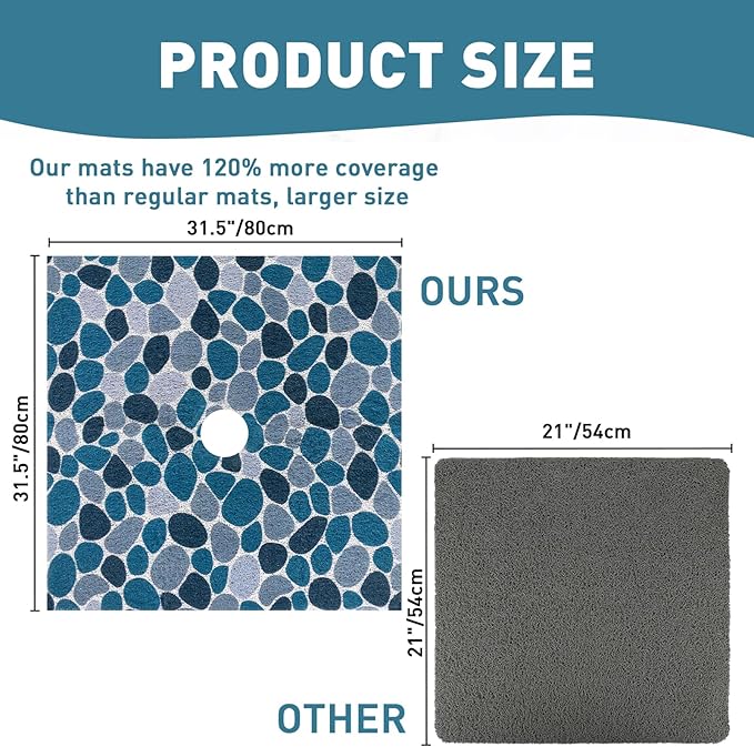Square Shower Mat Non Slip: 32 x 32 Inch Extra Large Shower Mats with Drain Hole in Middle - PVC Loofah Anti Slip Shower Floor Matt for Inside Shower