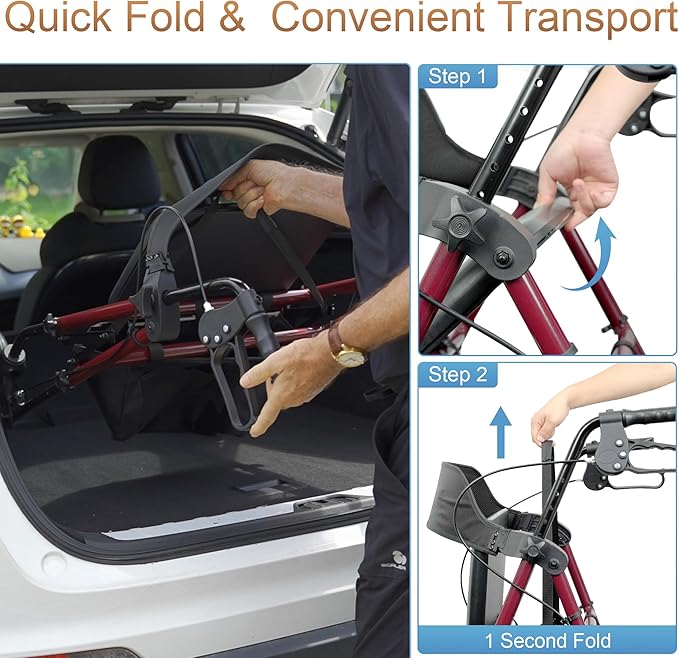 SOUNDFUSE Walkers for Seniors, Rollator Walker with Seat, 8" All Terrain Wheels, Double Support Bar, 16" Ergonomic Arc Seat and Comfortable Backrest, Dual Height Adjustable and Foldable Design