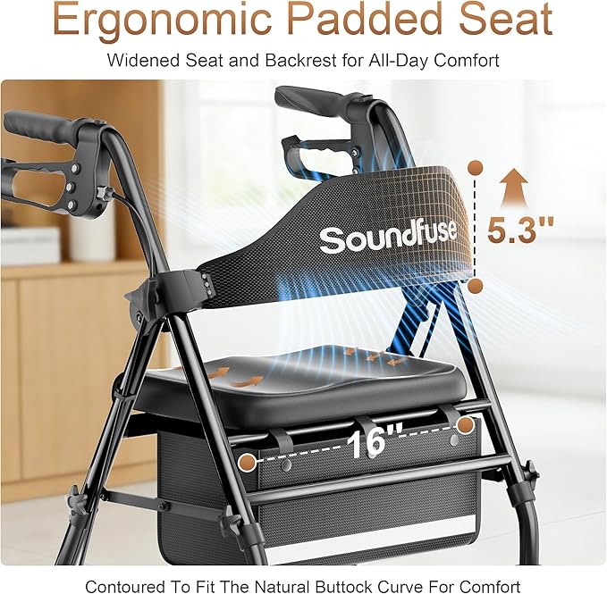 SOUNDFUSE Walkers for Seniors, Rollator Walker with Seat, 8" All Terrain Wheels, Double Support Bar, 16" Ergonomic Arc Seat and Comfortable Backrest, Dual Height Adjustable and Foldable Design