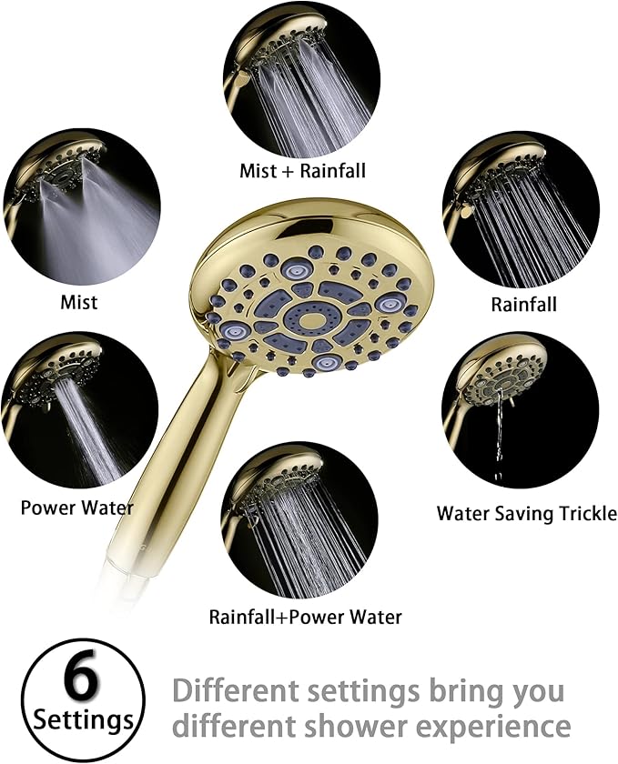 G-Promise Handheld Shower Head High Pressure 6 Spray Settings, Detachable Hand Held Showerhead 4.9 Inch Face with Extra Long Flexible Hose and Metal Adjustable Bracket
