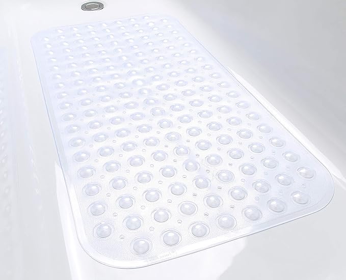 Large Non-Slip Bathtub & Shower Mat 31”x16” (Smooth/Non-Textured Tubs Only) Safe, Clean, Machine-Washable, Superior Grip&Drainage, Vinyl, Transparent Clear