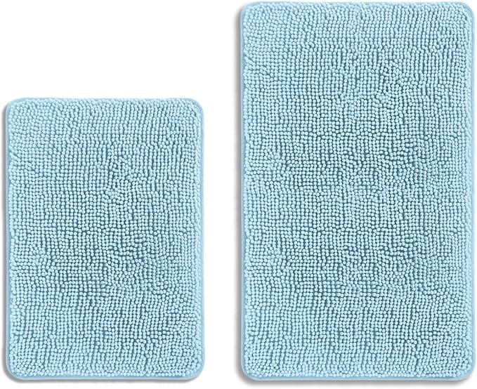 Light Blue Bathroom Rugs Sets 2 Piece – Absorbent and Washable Bath Mat, Non-Slip, Thick Soft Chenille Bath Rugs for Bathroom, Kitchen, Shower, Sink - 17" x 24"+20" x 32"