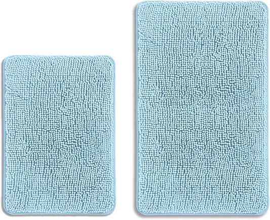 Light Blue Bathroom Rugs Sets 2 Piece – Absorbent and Washable Bath Mat, Non-Slip, Thick Soft Chenille Bath Rugs for Bathroom, Kitchen, Shower, Sink - 17" x 24"+20" x 32"