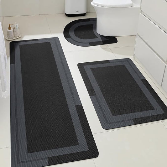 ACCUMTEK Non Slip Bath Mat, Thin Bathroom Rugs Fit Under Door, Quick Dry Bath Mats, Machine Washable Bath Rugs for Bathroom, Bathtub & Kitchen, Bathtub, Black/Bordered/3 Piece