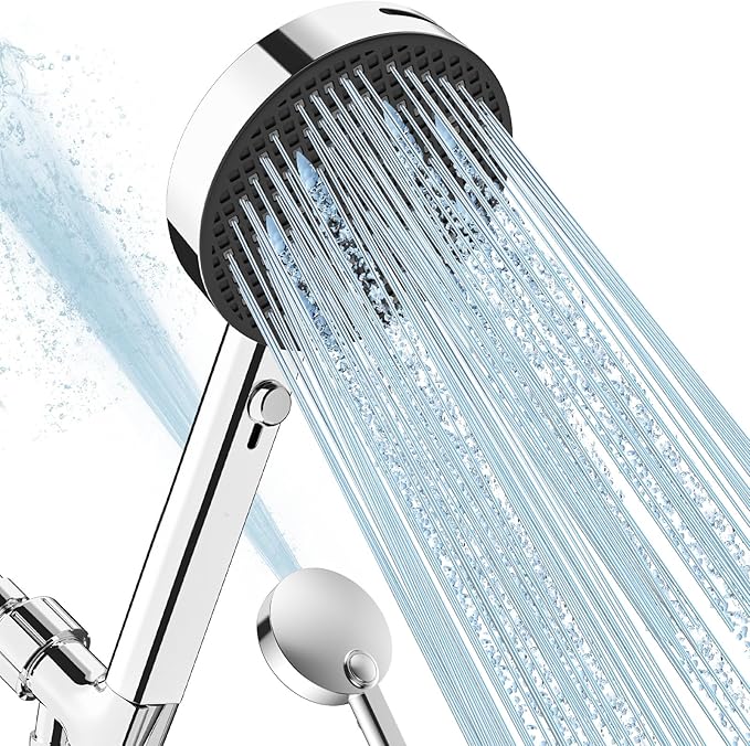 PWERAN Filtered Shower Head with Handheld, High Pressure 4 Spray Mode Showerhead with Filters, Water Softener Beads for Hard Water with ON/OFF Switch for Pets (Chromium Silver, 5 Inch Panel)