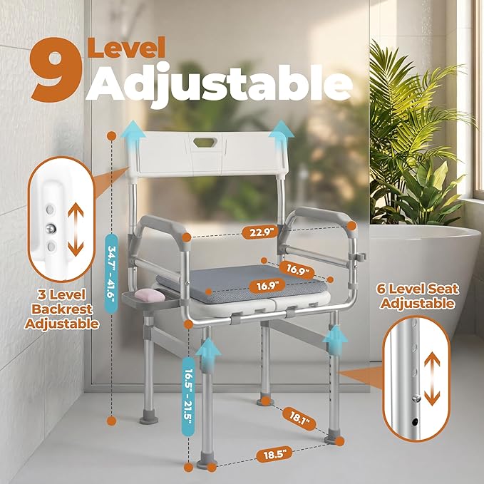 Folding Shower Chair for Inside Shower, Tub and Bathroom 440lb Weight Capacity - Height Adjustable Foldable Shower Chair for Elderly and Disabled - XXL Shower Seat with Arms, Back, Cushion & Shelf