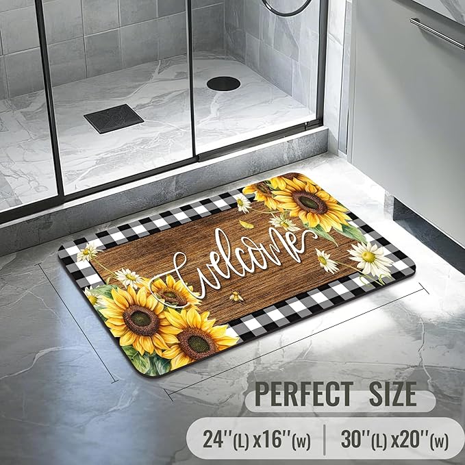 Quick Dry Bath Mat for Bathroom,Super Absorbent Sunflower Welcome Welcome Bath Rug Non-Slip Rubber,Machine Washable Bathroom Floor Mat for Shower, Tub, Sink Area Black and White Checked Wooden 16x24